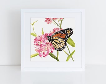 Monarch Butterfly, Milkweed, Wildflowers, Watercolor Print, Botanical Art, Wall Decor