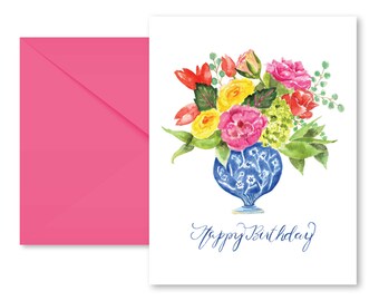 Flowers Birthday Card l Chinoiserie l Floral Bouquet l Happy Birthday l Watercolor