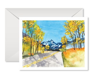 Fall greeting card, Aspens card, Colorado landscape, Maroon Bells, Watercolor