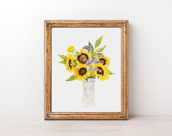 Sunflower Bouquet Art l Watercolor Print l Wall Decor