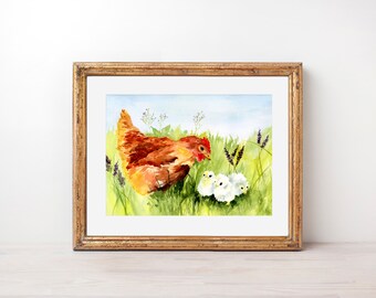 Hen and Chicks Painting | Watercolor Art | Chickens Family Artwork | Wall Decor