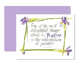 Gardening cards, Iris, watercolor, Garden quote, calligraphy
