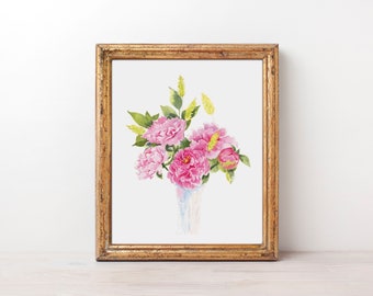 Peony Art Print l Bouquet Floral Flowers lWatercolor Peony l Peonies l Wall Art Decor