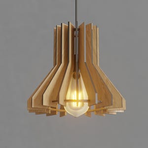 May include: A pendant light fixture featuring a series of vertical light-toned wooden slats arranged in a flared, geometric shape. A single teardrop-shaped glass light bulb with a visible glowing filament is suspended in the center of the wooden frame.
