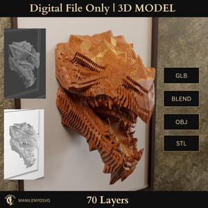 May include: A digitally rendered, layered wooden dragon head sculpture with a detailed, textured appearance. The image includes a 3D model preview and file type options. Text reads "Digital File Only | 3D MODEL" and "70 Layers".