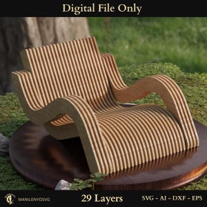 Puede incluir: Una silla de madera con un diseño único, construida con tiras de madera en capas. La silla presenta reposabrazos y respaldo curvos, con el texto "Digital File Only" en la parte superior y "29 Layers" en la inferior. La silla está sobre una base de madera oscura.