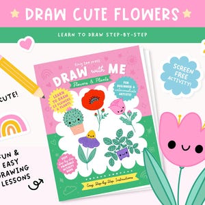 以下が含まれることがあります： 表紙に可愛いアニメーションの花が描かれた、ピンクと緑の「私と一緒に描こう：花と植物」というタイトルの本。この本は、簡単なステップバイステップの説明で、22種類の花と植物の描き方を教えてくれます。