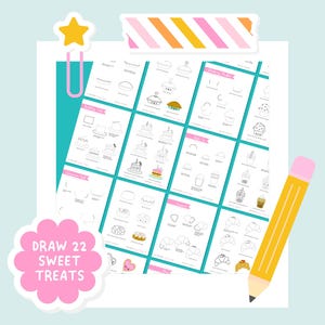May include: A printable drawing guide titled DRAW 22 SWEET TREATS featuring step-by-step instructions for sketching various desserts like cakes, cupcakes, and pastries. The sheet includes a yellow pencil, a star-shaped paperclip, and colorful tape.