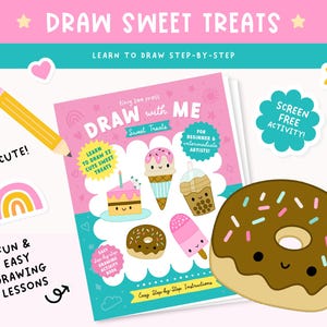 Hoe je schattige dingen tekent, hoe je kawaii tekent, hoe je snoep tekent, tekenboek voor kinderen, schattige dingen tekent kawaii, afdrukbaar activiteitenboek