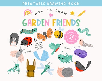 Kids Garden Friends Drawing Book, Step-by-Step Guide (Digital Download)
