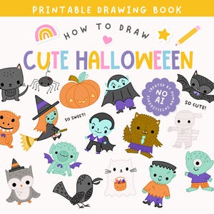 Puede incluir: Una portada de libro de dibujo imprimible titulada HOW TO DRAW CUTE HALLOWEEN con ilustraciones coloridas de un gato negro, araña, calabaza, vampiro, murciélago, bruja, hombre lobo, momia, búho, cuervo, fantasma y personajes de monstruos.