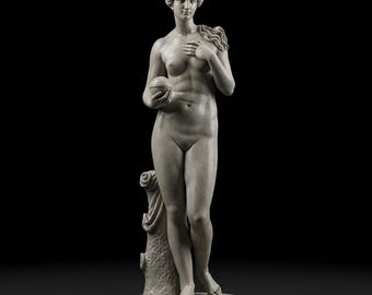 以下が含まれることがあります： 球体を持つ裸の女性の灰色の石像。右手を胸に当てています。像は六角形の台座の上に立っており、ドレープされた布と木の幹のような支えがあります。