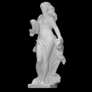 May include: A white sculpture of a nude figure, standing on a rectangular base. The figure has long flowing hair and is holding draped fabric. The background is solid black.