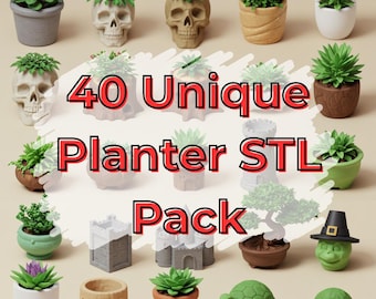 May include: A collection of small planters in various shapes, including skulls, castles, and turtles, each holding a small plant. The text "40 Unique Planter STL Pack" is displayed in the center of the image.
