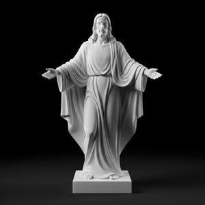 May include: A white statue of a figure with outstretched arms, wearing flowing robes. The statue is on a rectangular base against a black background. The figure has long hair and a beard.