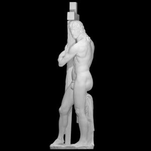 Puede incluir: Escultura de mármol blanco de una figura masculina desnuda apoyada en una estructura en forma de cruz. La escultura tiene musculatura detallada y cabello largo, con una tela drapeada en la base. El fondo es negro sólido.