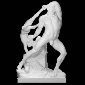 May include: A white sculpture depicting a dynamic scene of two figures in a struggle. One figure is larger and muscular, with an arm raised. The other figure is smaller, being held aloft. The sculpture is set against a black background.