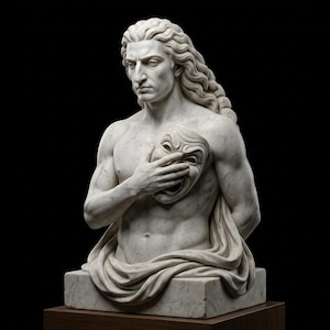 Puede incluir: Un busto de mármol blanco de una figura con cabello largo y ondulado, sosteniendo una máscara teatral contra el pecho. La escultura presenta rasgos faciales detallados, musculatura definida y tela drapeada alrededor de la cintura.