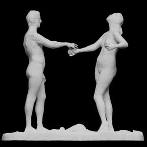 Puede incluir: Una escultura blanca que representa dos figuras desnudas, un hombre y una mujer, que se extienden la mano. El hombre está de pie frente a la mujer, que está mirando hacia arriba. Las figuras están sobre una base texturizada sobre un fondo negro.