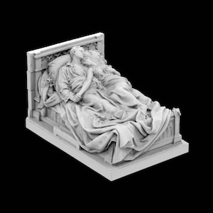May include: A white marble sculpture depicting two figures in a bed, embracing. The figures are draped in flowing fabric, with intricate details in the bedding and headboard. The sculpture is set against a black background.