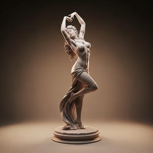 May include: A beige sculpture of a woman in a graceful pose, arms raised above her head. She is draped in fabric, standing on a round base. The statue has detailed features and is set against a warm, neutral background.