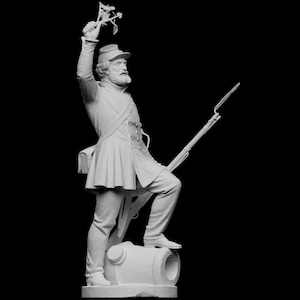 May include: A white statue of a soldier in a Civil War uniform, holding a rifle and a small object aloft. The statue is standing on a cannon. The soldier has a beard and is wearing a hat.