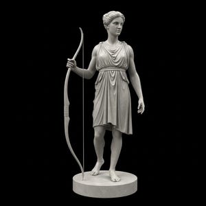 May include: A grey statue of a woman holding a bow and arrow. The figure is dressed in a draped gown and stands on a circular base against a black background. The statue has a classical design.