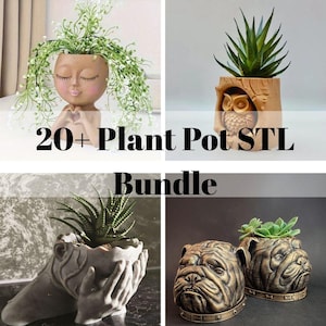 Peut inclure: Plusieurs pots de plantes de différentes formes sont présentés. L'image montre des pots en forme de visage, de hibou, de mains et de têtes de bouledogues. Les pots sont remplis de verdure. Le texte sur l'image indique "20+ Plant Pot STL Bundle."