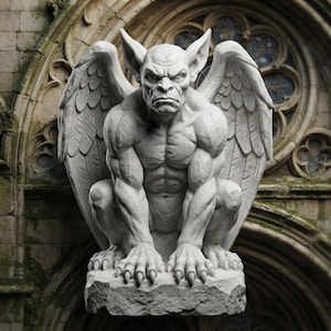 Peut inclure: Une sculpture de gargouille en pierre gris clair représentant une créature ailée et musclée en position accroupie, avec des griffes acérées, des oreilles pointues et une expression faciale sévère, posée sur une base en roche texturée.
