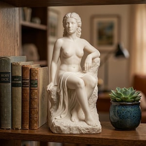 Könnte beinhalten: Eine weiße Skulptur im Marmorstil einer sitzenden Figur mit welligem Haar, die mit Stoff um die Taille drapiert ist und auf einem strukturierten Felsensockel ruht. Die Figur steht neben einer Reihe von vier alten Büchern und einer kleinen Sukkulente.