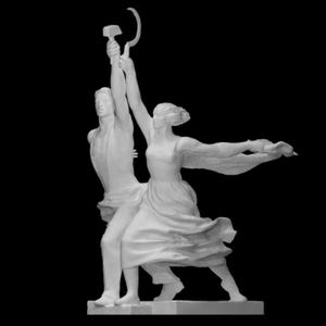 May include: A white sculpture of a man and woman, representing a worker and a collective farm woman. The man holds a hammer, and the woman holds a sickle. They stand together, arms raised, on a rectangular base, against a black background.