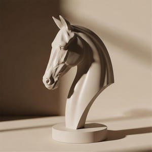 May include: A cream-coloured horse head sculpture. The sculpture is a bust, featuring the head and neck of a horse, mounted on a circular base. The horse's features are detailed, with visible eyes, nostrils, and ears. The sculpture is made of a smooth material.