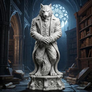 May include: A white marble-like statue of an anthropomorphic wolf dressed in a formal Victorian-style coat, vest, and cravat. The figure stands with hands clasped on a decorative pedestal base featuring carved skull motifs and intricate scrollwork.