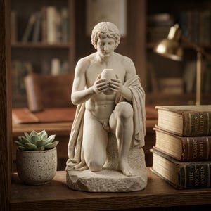 Puede incluir: Una escultura de piedra de color crema de una figura arrodillada que sostiene un pequeño recipiente. La figura tiene el cabello rizado y está cubierta con tela. La escultura se asienta sobre una base con una superficie texturizada y detalles.