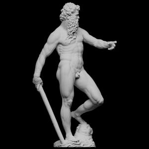 Pode incluir: Estátua de mármore branco de uma figura masculina musculosa com barba longa e cabelo encaracolado. A estátua segura um bastão e está em pé sobre uma base esculpida, com um braço estendido. O fundo é preto.