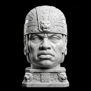 May include: A white marble sculpture of a human head wearing an ornate headdress with a central jaguar motif. The base features carved geometric patterns and two jaguar heads on the sides. The sculpture has a smooth, polished stone texture.