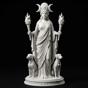 May include: A white marble-style statue of a figure wearing a triple moon crown, holding a flaming torch in each hand. The figure is draped in a long, flowing gown and stands on a circular base flanked by two dogs, one on each side of the base.