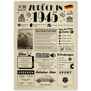 Geburtstagskarte „Zurück im Jahr 1945“ – Lustiges Geschenk zum 79. Geburtstag für Frauen oder Männer [Ungerahmtes Poster - А4]