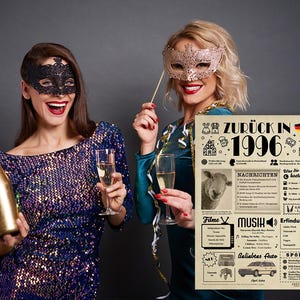 May include: Two women wearing masquerade masks are holding glasses of champagne and a bottle of champagne. A poster behind them is titled "Zur&uuml;ck in 1996" and lists events from the year 1996, including news, music, inventions, and sports.