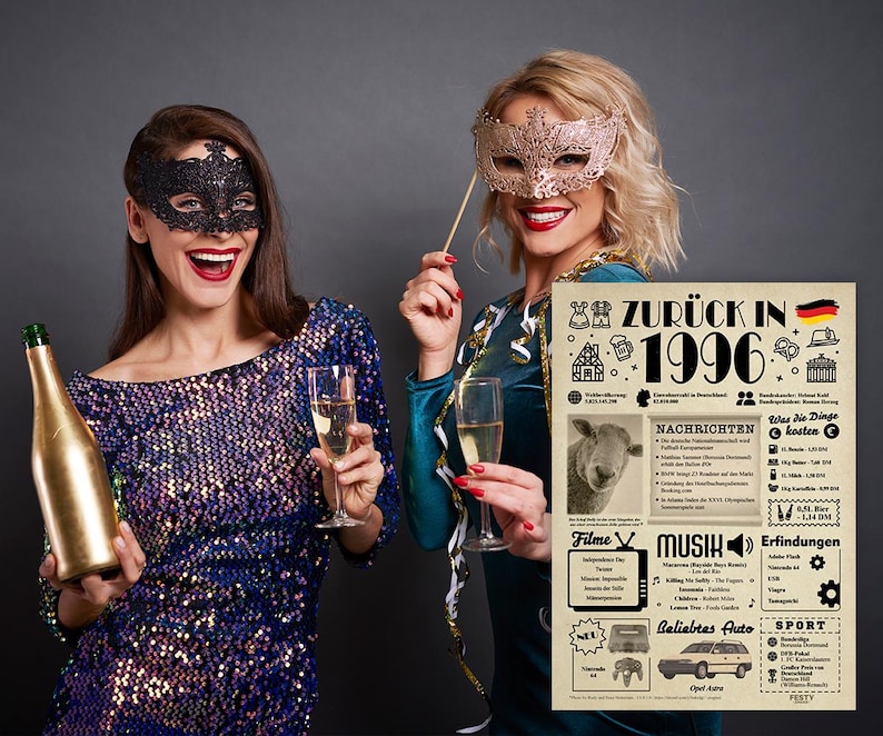 May include: Two women wearing masquerade masks are holding glasses of champagne and a bottle of champagne. A poster behind them is titled "Zur&uuml;ck in 1996" and lists events from the year 1996, including news, music, inventions, and sports.