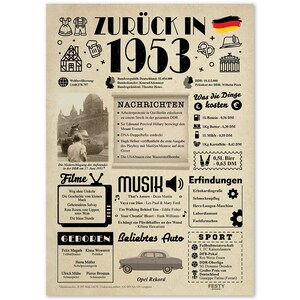 Könnte beinhalten: Ein Vintage-Poster mit braunem Hintergrund und weißem Text. Das Poster trägt den Titel "Zurück in 1953" und zeigt eine Zeitleiste von Ereignissen, Erfindungen, Musik und Filmen aus diesem Jahr. Das Poster enthält auch einen Abschnitt über Sport, mit Schwerpunkt auf Fußball und Autorennen. Das Poster ist eine großartige Möglichkeit, einen 70. Geburtstag zu feiern.