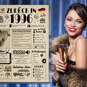 May include: A vintage-style poster with a newspaper-like design, featuring the year 1996. The poster includes headlines about news, music, movies, inventions, and sports from that year. The poster is decorated with illustrations and graphics, including a sheep, a beer bottle, a car, and a video game controller.