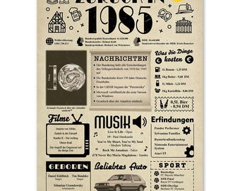 May include: A vintage-style poster with a brown background and white text. The poster is titled "Zurück in 1985" and features a timeline of events, music, inventions, and births from the year 1985. The poster also includes a section on the cost of goods in 1985, such as gasoline, butter, milk, and potatoes. The poster is a fun and nostalgic way to remember the year 1985.