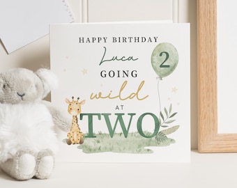 2e verjaardagskaart, verjaardagskaart voor jongen, gepersonaliseerde girafkaart, verjaardagskaart voor zoon, Wild Two-verjaardagskaart, Safari-verjaardagskaart