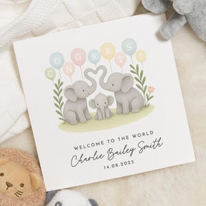 Nieuwe babykaart, gepersonaliseerde olifantenkaart, gefeliciteerd babykaart, Welcome To The World-kaart, kaart met schattige dieren, kaart babyjongen, meisje