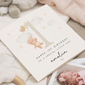 Cartão de 1º aniversário para menina, Cartão de primeiro aniversário personalizado, Cartão de aniversário para filha, Cartão de aniversário de urso fofo, Cartão de aniversário de menina