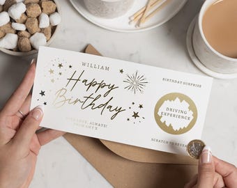 Personalised Birthday Scratch Reveal Voucher, Gold Foil Experience Gift Card