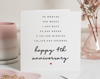 4th Anniversary Card, 4 Year Anniverary Card, 4th Wedding Anniversary Gift For Men, Husband Anniversary Card, Anniversary Card 4 Years