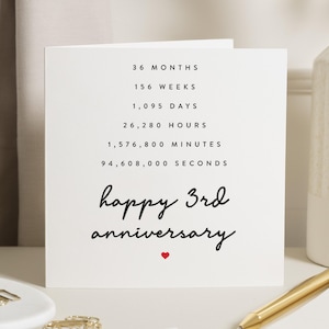 Tarjeta de tercer aniversario para esposo, tarjeta de aniversario personalizada para esposa, regalo de tercer aniversario, tarjeta de aniversario de cuero, poema de 3 años juntos