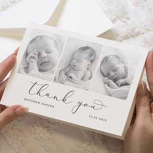 Nouvelles cartes de remerciement avec photo de bébé, cartes de remerciement pliées avec photo en noir et blanc, carte de remerciement personnalisée bébé, faire-part de bébé garçon